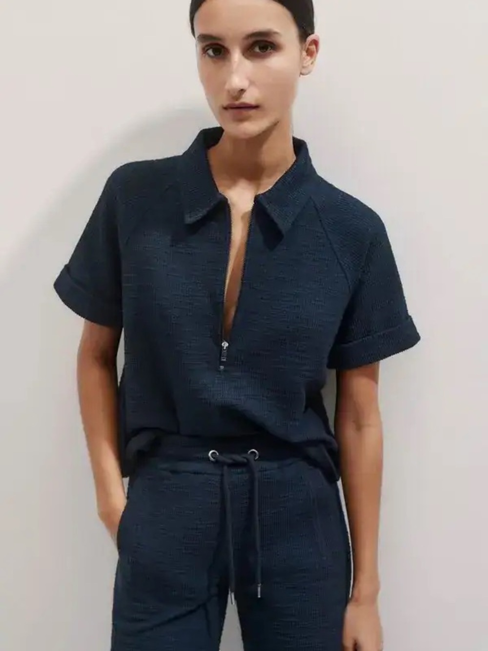 ME+EM Textured Jersey Zip Top in Navy Size 12